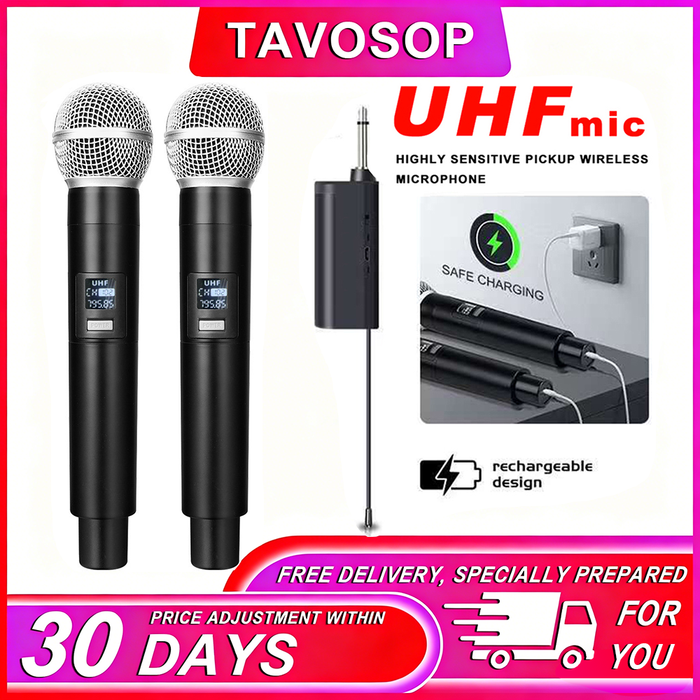 TAVOSOP Microfone sem Fio com 2 Canais UHF, Sistema Profissional Dinâmico de Mão Cordless