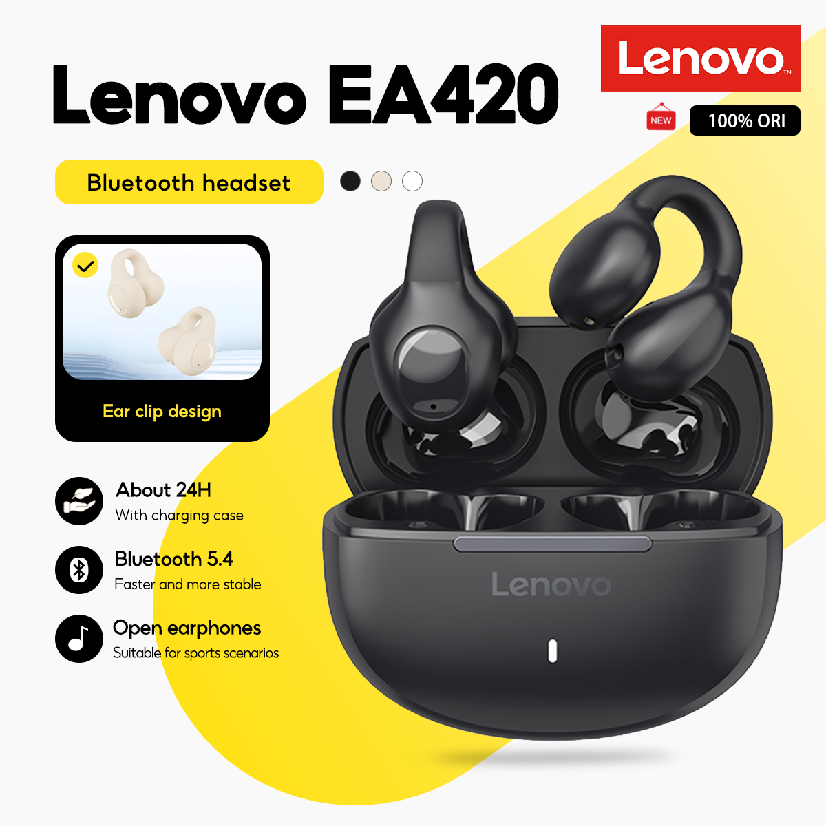 Fones de ouvido Lenovo EA420 TWS Tipo de clipe de orelha em U Bluetooth 5.4 Controle por toque Bateria de longa duração