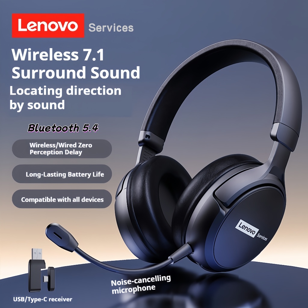 Fone de Ouvido Gamer Lenovo 2.4G Sem Fio, Som Surround 7.1, Zero de Latência, Bluetooth 5.4, Headset Over-Ear com