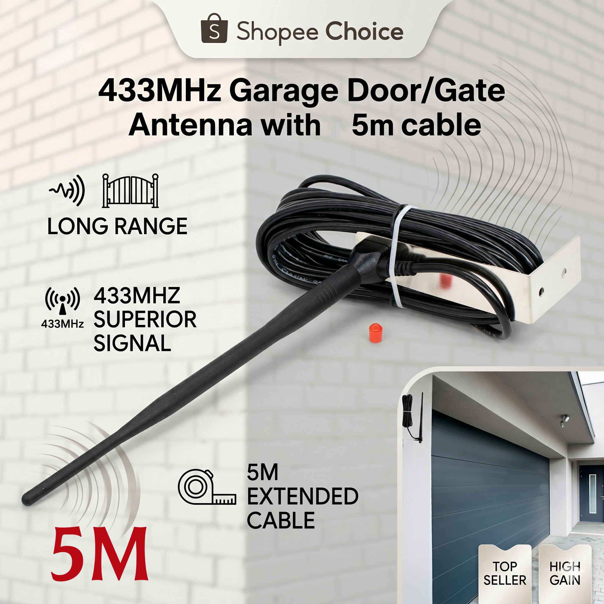 Antena Externa de 5m Fio 433,92MHz para Porta de Garagem Antena Amplificadora de Sinal de Controle Remoto de Porta de