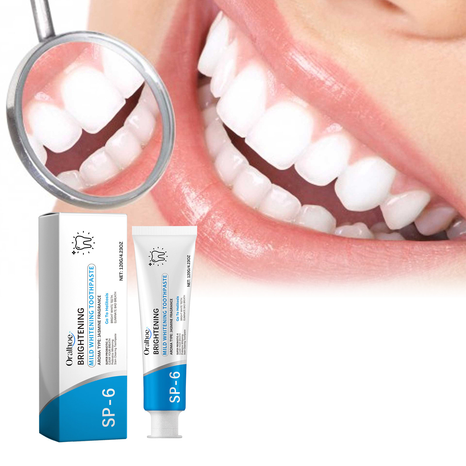 Oralhoe SP-6 Probiótica Pasta de Dentes Clareadora [120g] Pasta Dentária com Fragrância a Jasmim para Sorriso Radiante