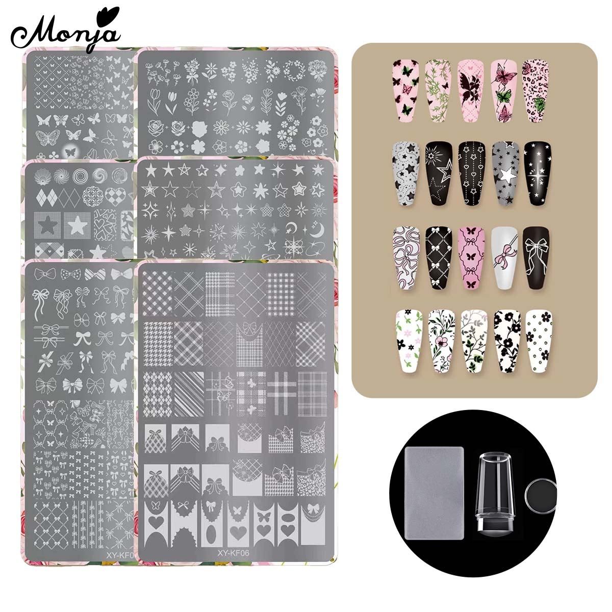 Modelos de Arte de Unhas Monja: Stencils Reutilizáveis, Placas de Estampagem, Estrelas, Lua, Borboleta, Flores, Laço,