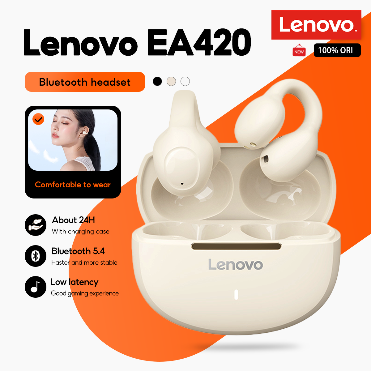 Lenovo EA420 Fones de Ouvido TWS Sem Fio Bluetooth com Gancho de Orelha em U, Controle Touch e Longa Duração da Bateria
