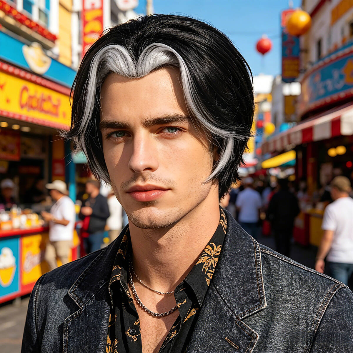Peruca Sintética Curta Preta Masculina Com Raia Branca Anime Cosplay Halloween