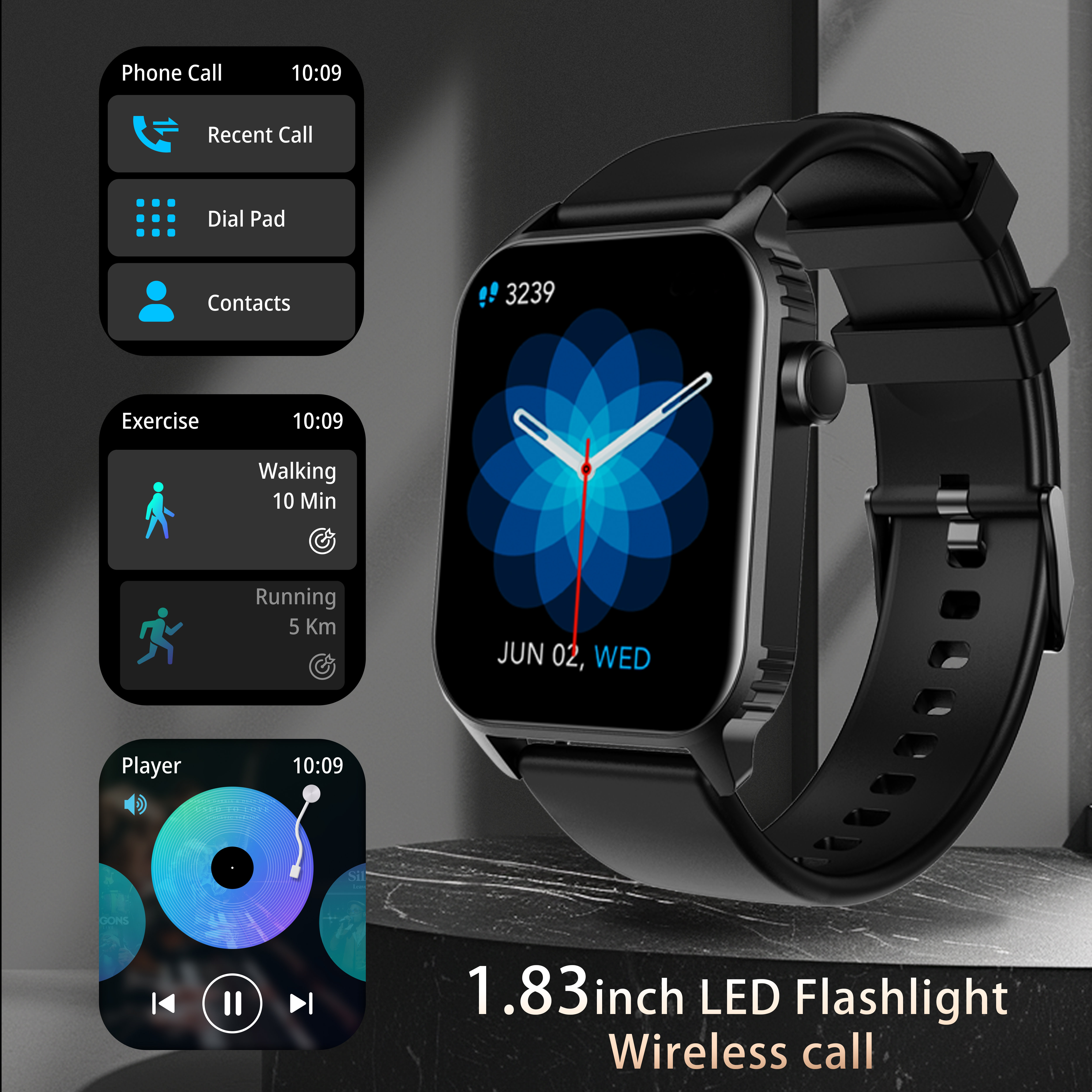 GAWSUG 2026 Novo Relógio Inteligente 1.83 Tela Quadrada Chamada Bluetooth Carregamento USB por USB Rastreador de