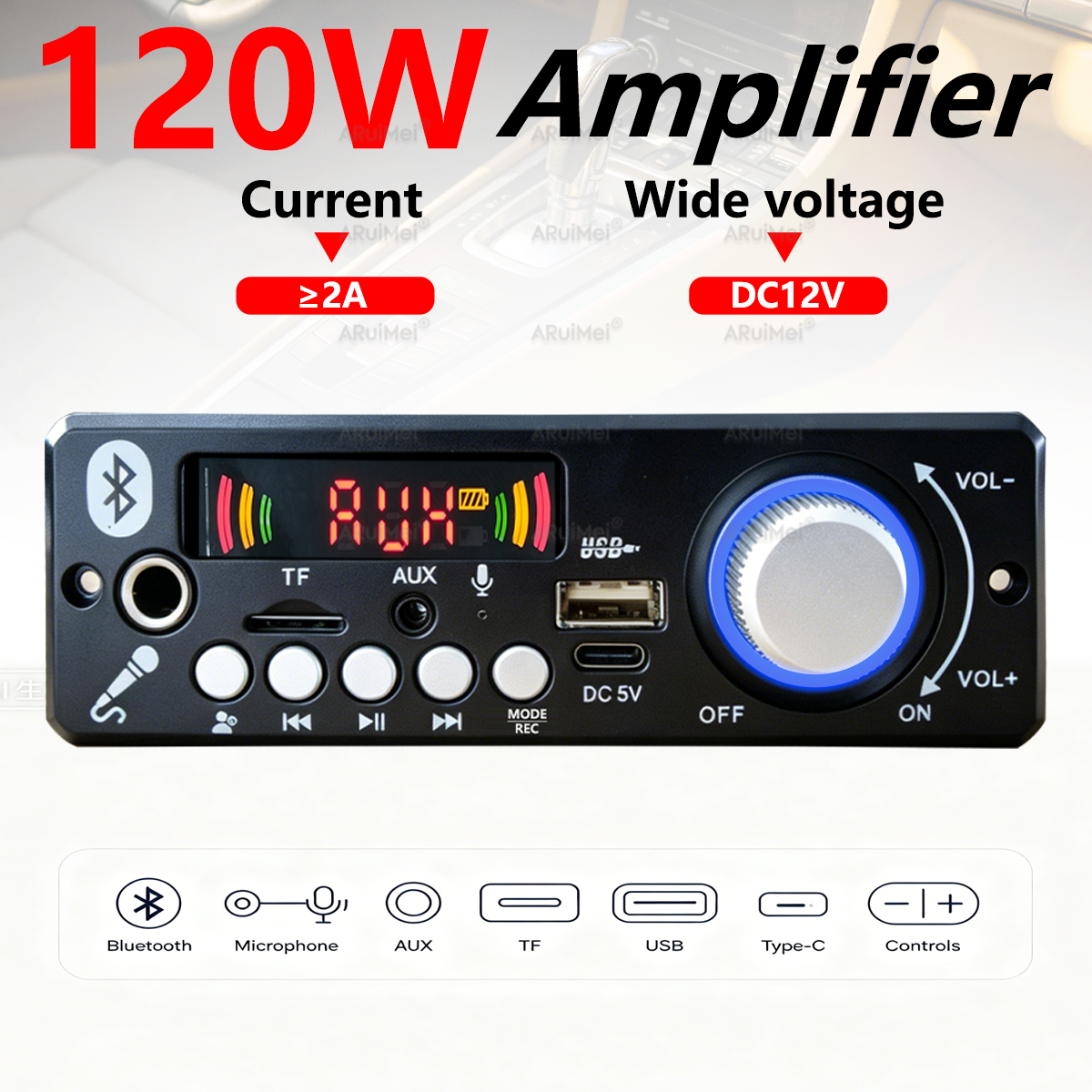 Placa Amplificadora Bluetooth 120W 4 Canais 12V Mini MP3 com USB/TF/AUX/Entrada Coaxial, Amplificador de Áudio