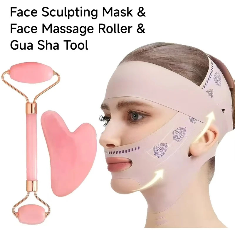 Máscara modeladora facial 3 peças & Rolo massageador facial & Ferramenta Gua Sha, Faixa facial em V ajustável e