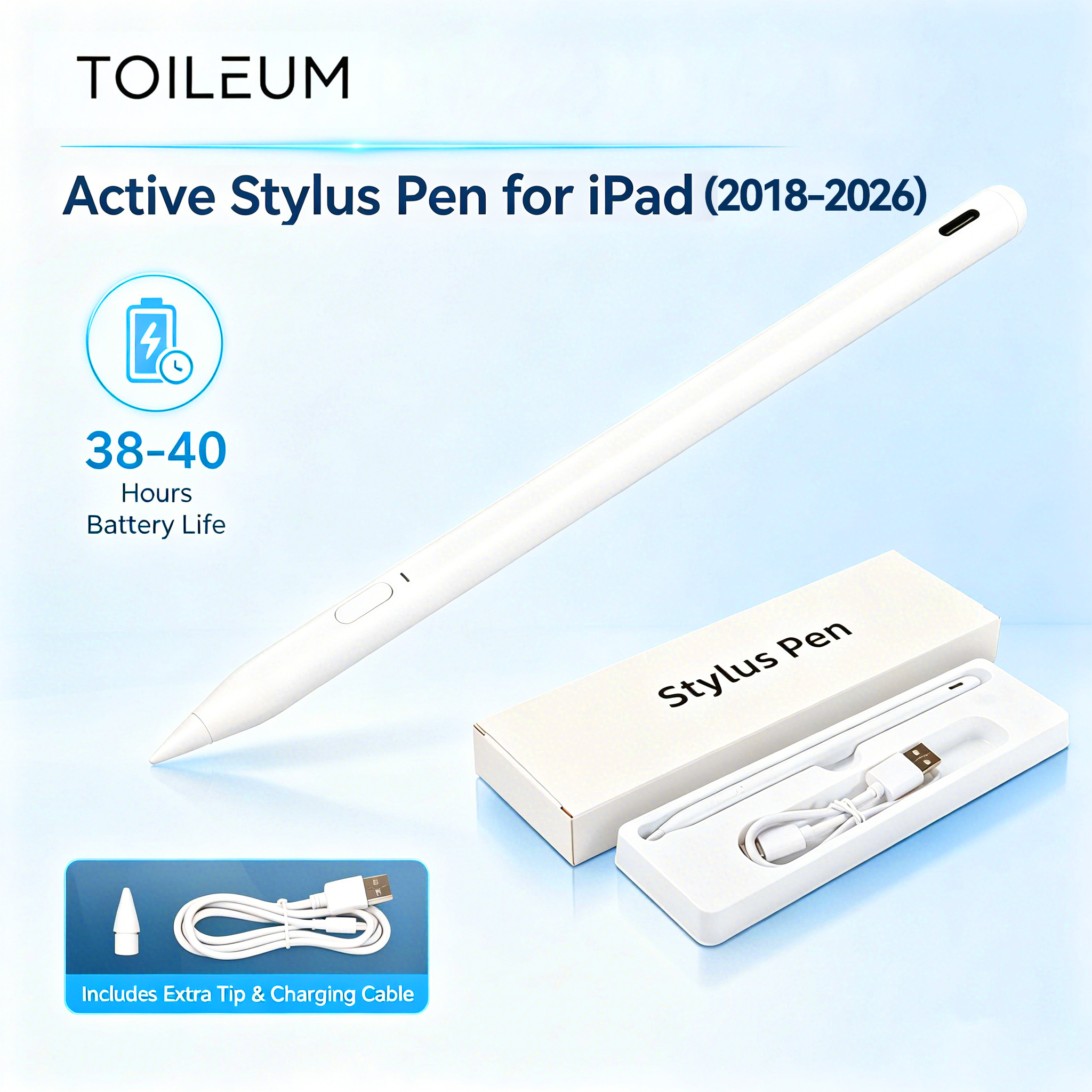 Caneta Stylus Capacitiva TOILEUM Palm Rejection 230mAh 40 Horas de Trabalho + Pontas Substitutas Compatível para iPad