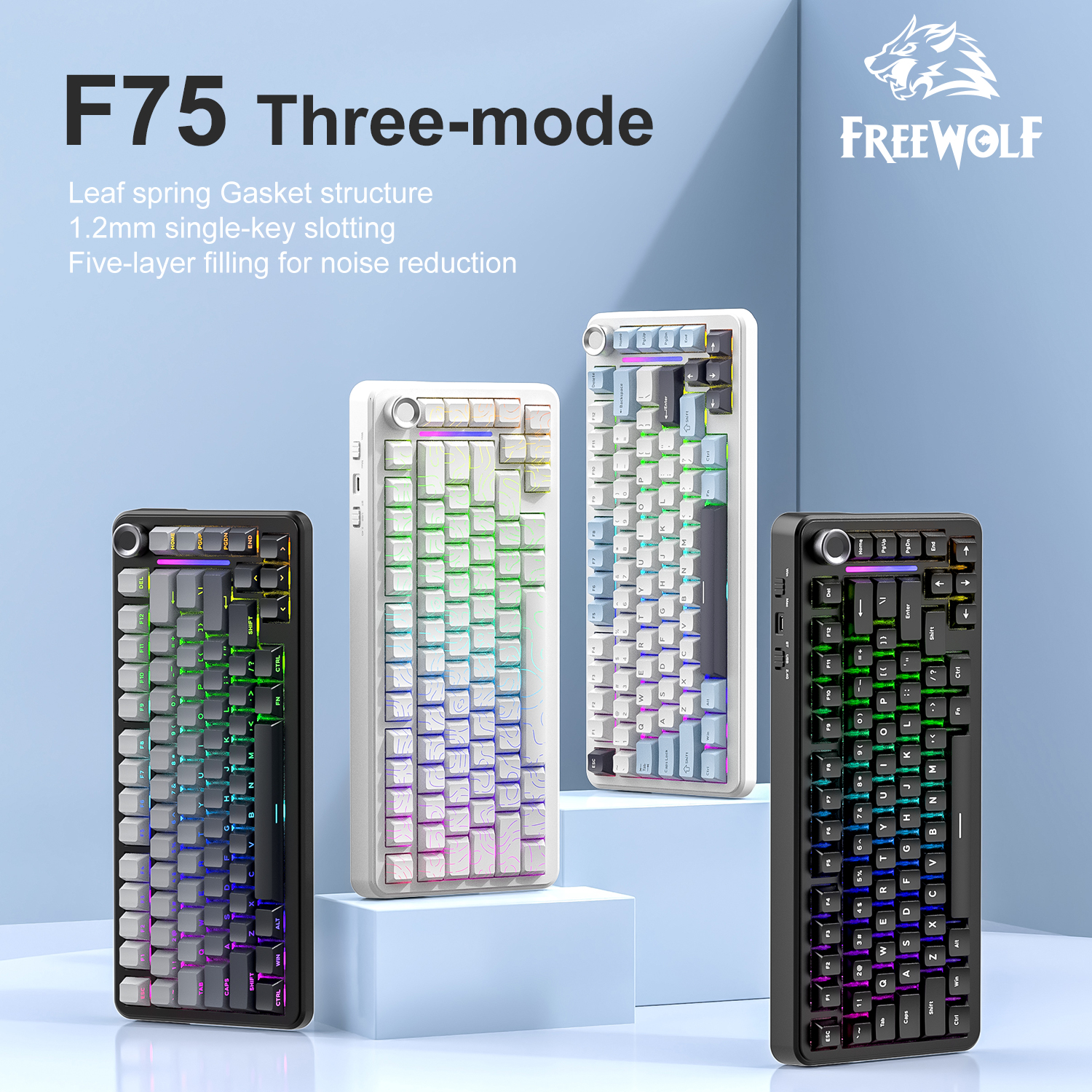 Teclado de jogos mecânico sem fio FREEWOLF F75 Bluetooth 4000mAh, troca quente, gasket