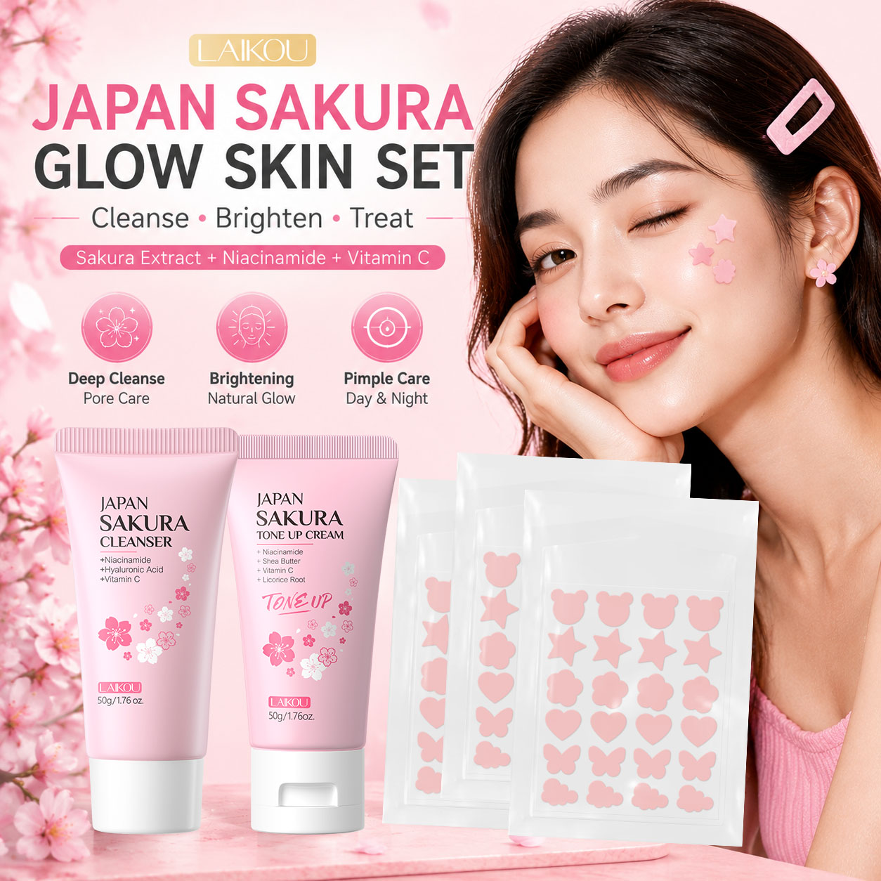 Conjunto de Cuidados com a Pele LAIKOU Sakura 3 peças: Creme Clareador, Gel de Limpeza Facial e Adesivos Antiacne,