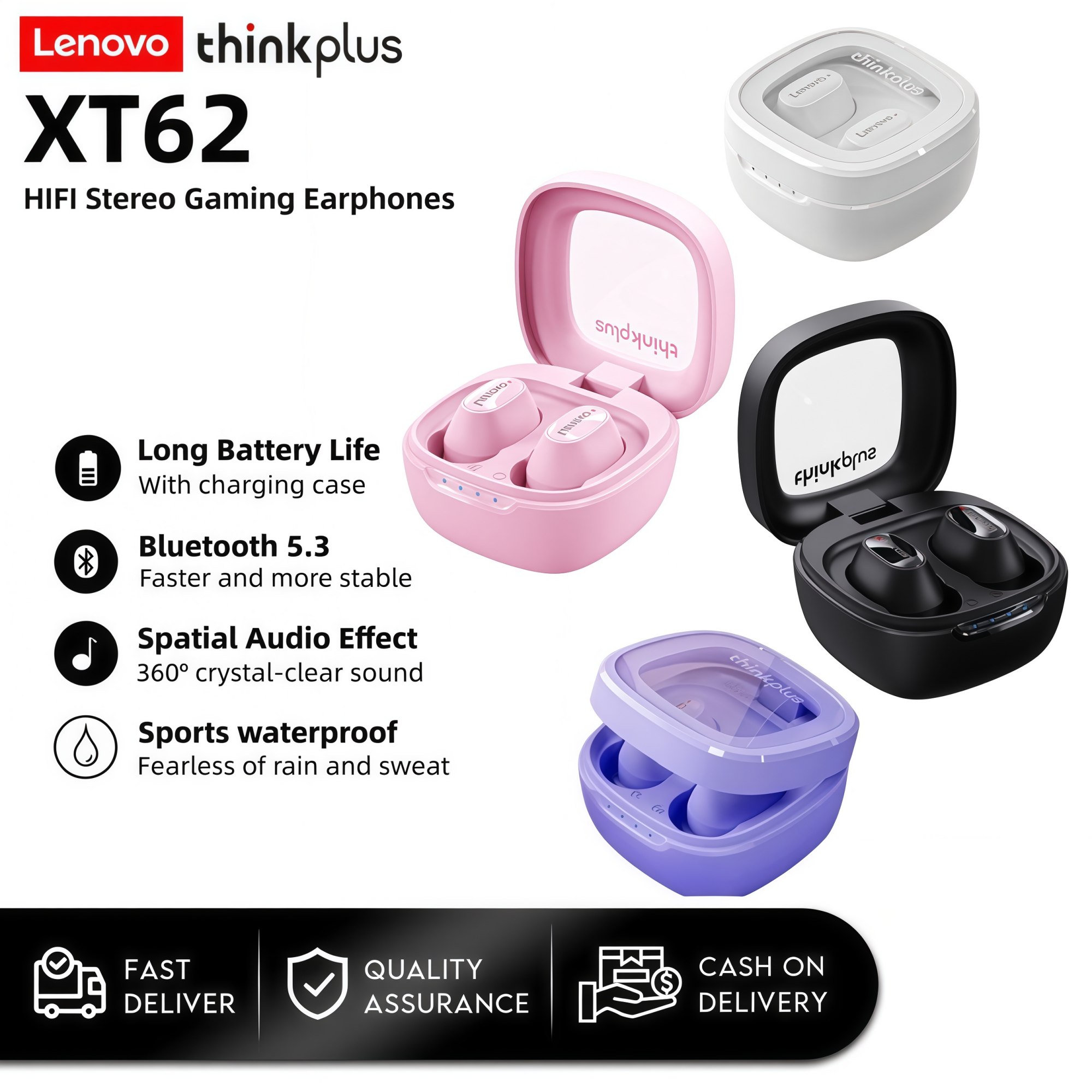 Fones de ouvido Lenovo XT62, sem fio, Bluetooth 5.3, som estéreo Hi-Fi, redução de ruído, com microfone, baixa latência,
