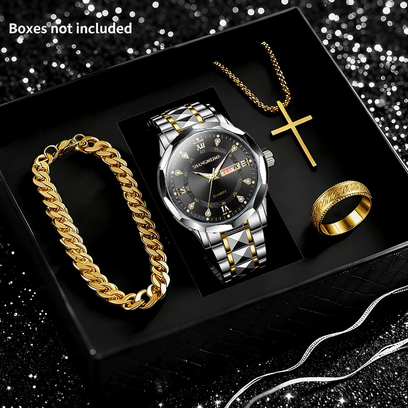 Conjunto Masculino De 4 Peças Com Mostrador Dourado Relógio De Quartzo E Elo Cubano De Corrente Cruzada Estilo Rua Acess