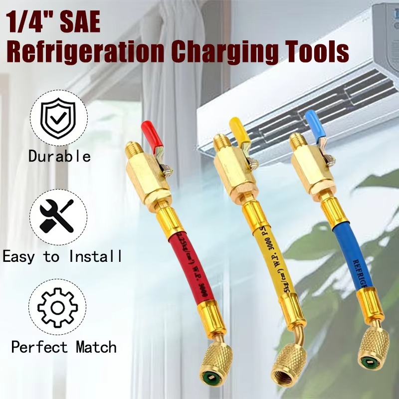 3x Mangueira de Carregamento R410A R22 R12 & Válvula de Esfera para Ar Condicionado e Refrigeração AC para R134A,