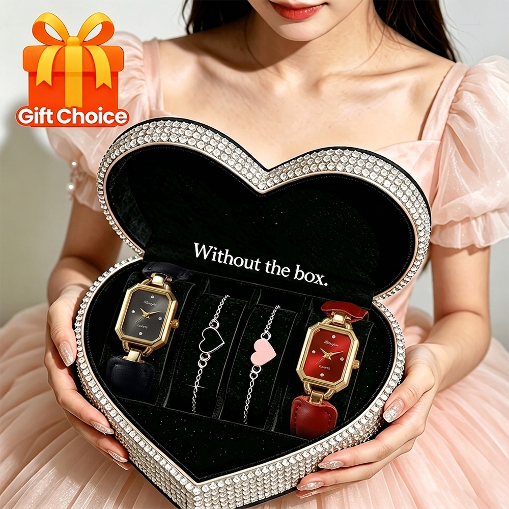 Conjunto Feminino de 2 Peças Relógio de Quartzo Quadrado & 2 Pulseiras de Coração | Relógio de Pulso com Mostrador de