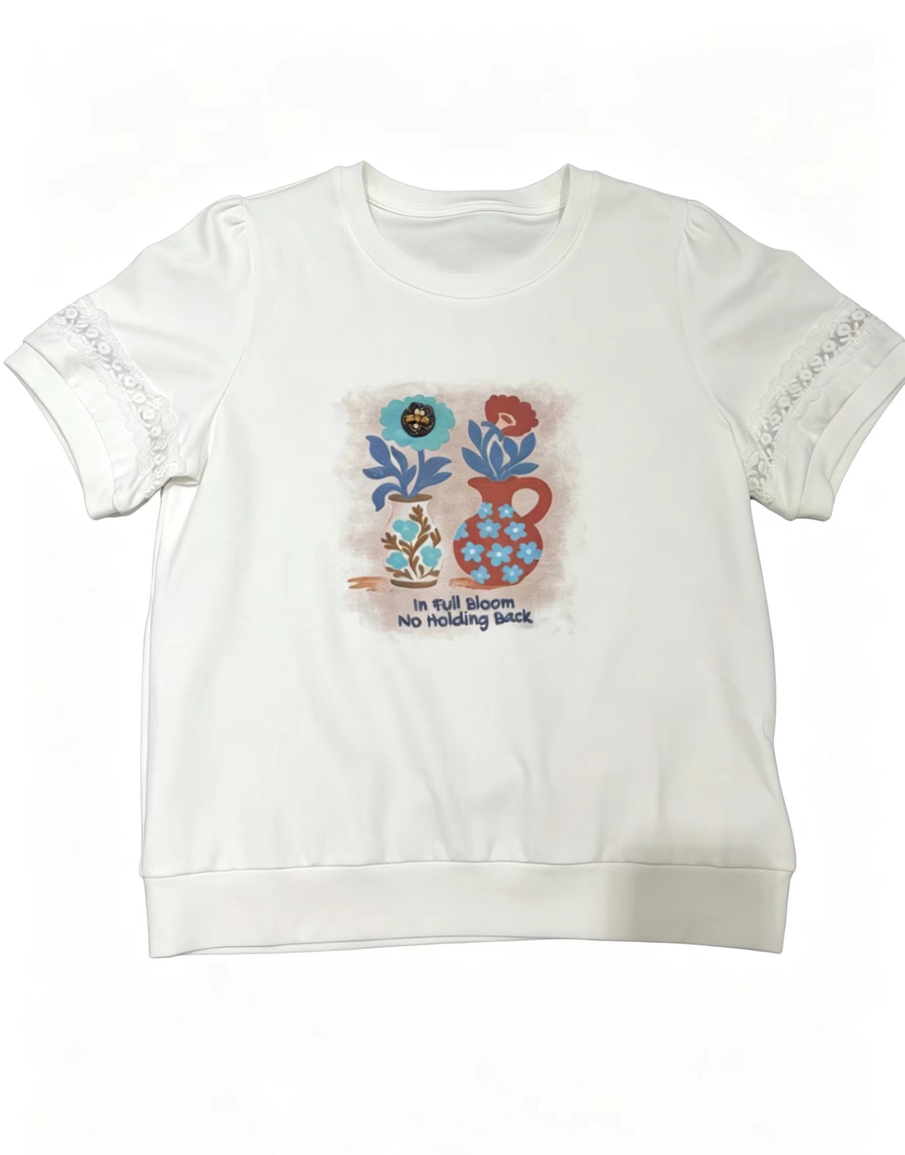 Mulheres Manga de Renda Estampa Floral em V Manga Bufante Gola Redonda Camiseta Casual de Manga Curta