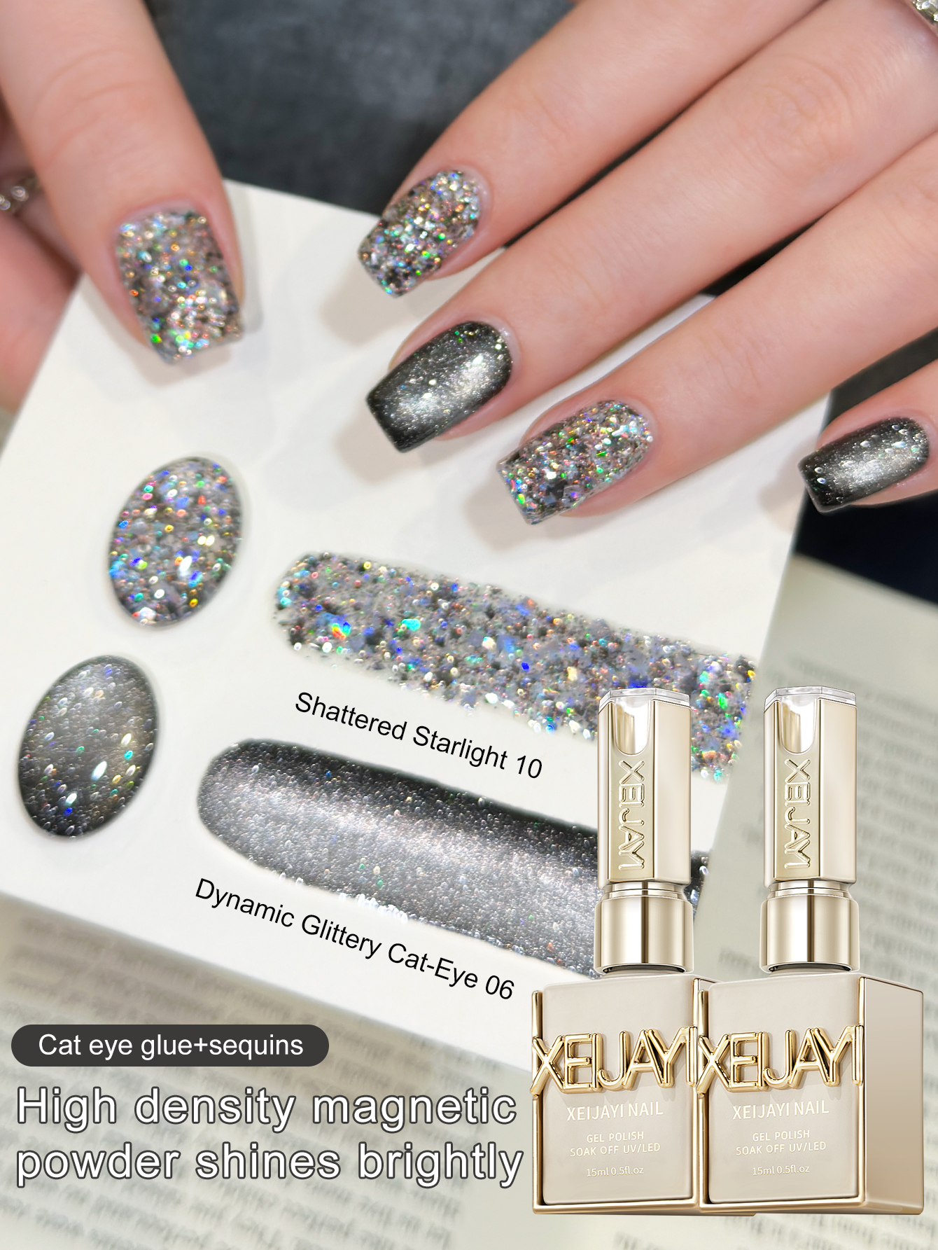 XEIJAYI 2 peças conjunto de gel de unha olho de gato preto e glitter 15 ml gel de unha permanente semi-permanente para