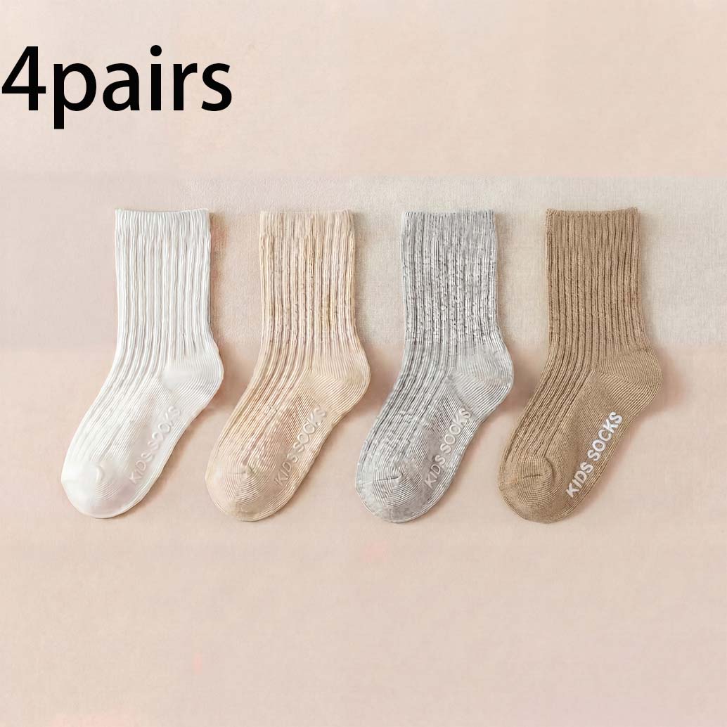 4 Pares De Meias Infantis Com Nervuras , Cores Sólidas , Respiráveis , Macias , Punhos Sem Aperto