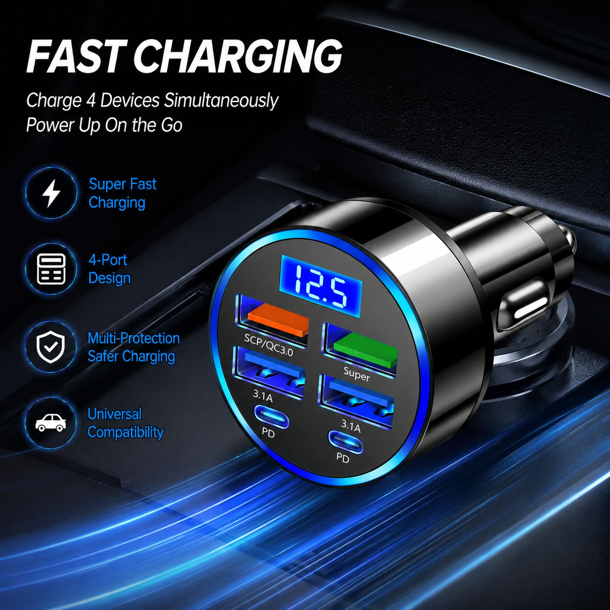 1 peça carregador de carro PD, QC3.0, carregamento rápido, um para seis, acendedor de cigarro automotivo, carregador