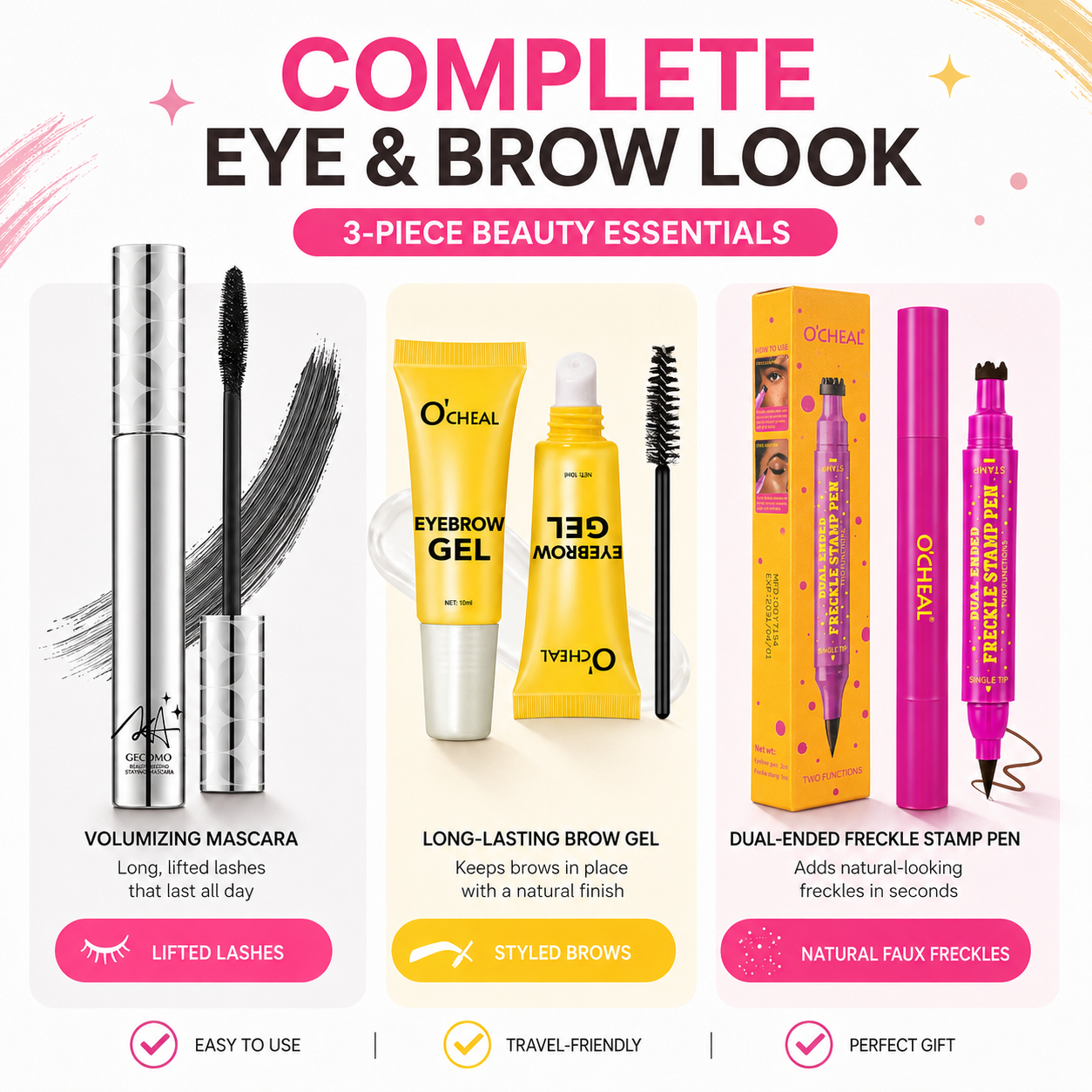 Caneta Carimbo 3 em 1 para Sardas + Gel Fixador para Sobrancelhas + Conjunto de Máscara de Cílios À Prova d'Água e de
