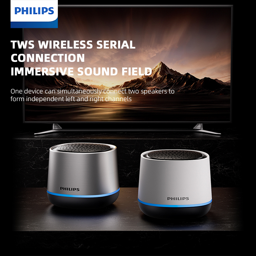 Philips TAS1009 Mini Alto-Falante Bluetooth com Graves, emparelhamento TWS, RGB, bateria 1200mAh, 10H, para camping ao