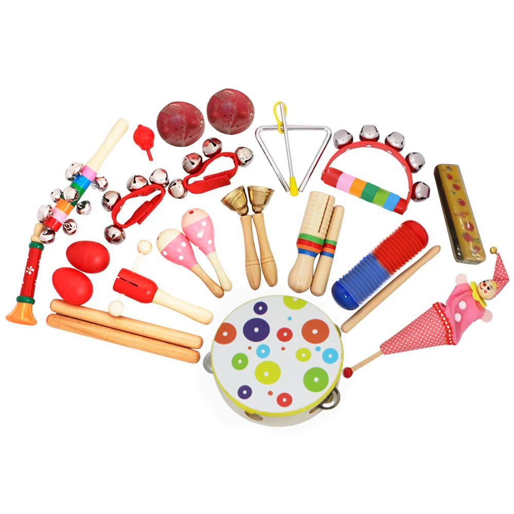 22 peças/conjunto Brinquedo Musical Orff Maracas Chocalho Tamborim Bebê Sinos de Mão Presentes Educativos