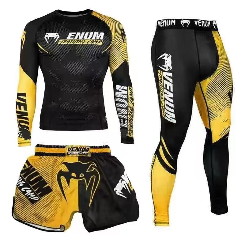 Conjunto de 3 peças de camiseta de manga longa Jiu Jitsu MMA + calça Bjj + shorts de Muay Thai Kickboxing para treino de