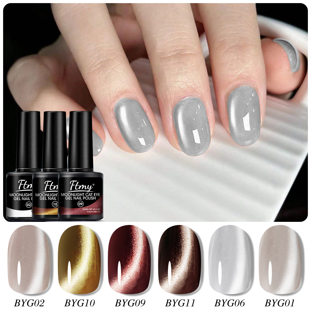 Conjunto de 6 esmaltes de gel com efeito olho de gato White Moonlight, incluindo esmaltes com glitter olho de gato White