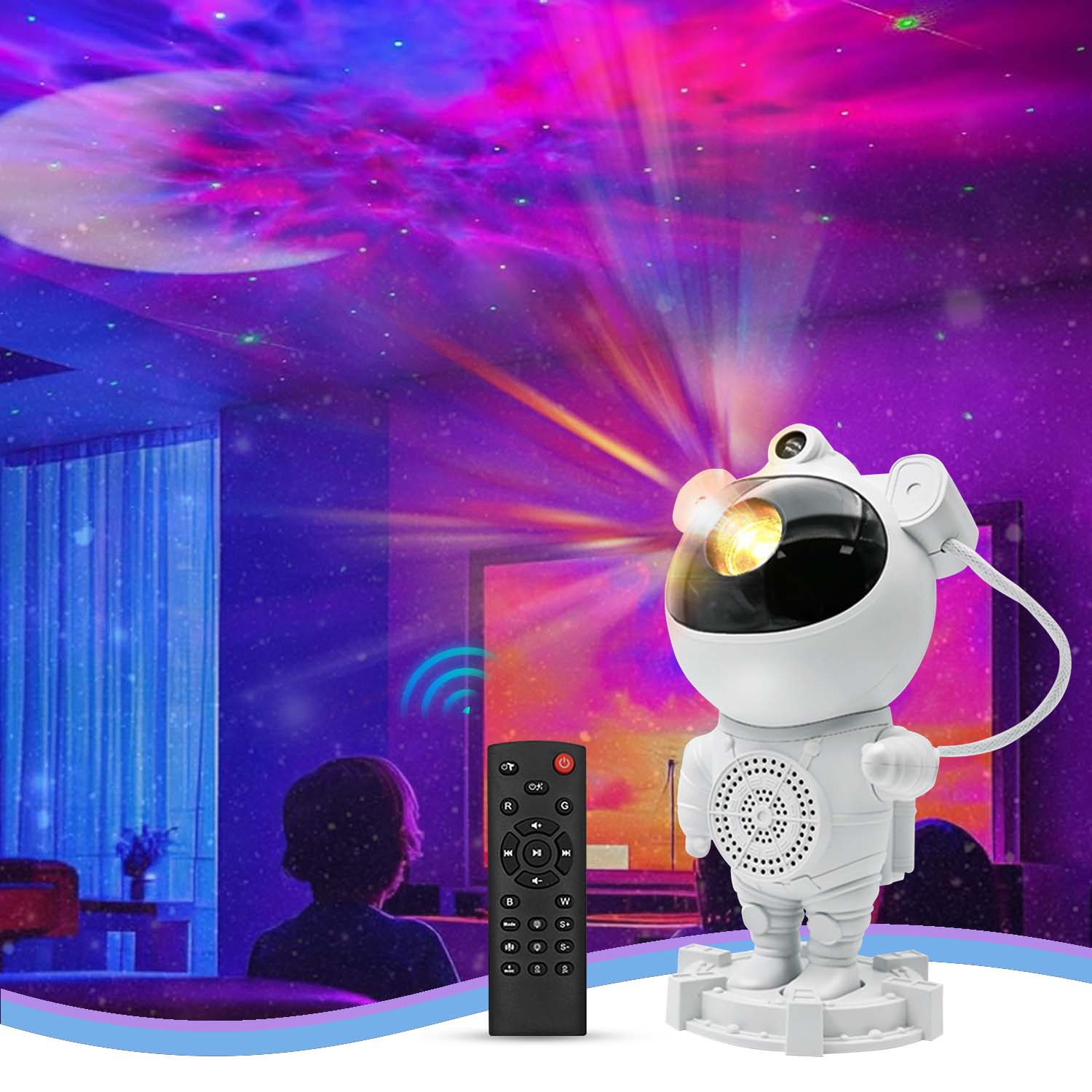 Projetor de Galáxia de Astronauta com Controle Remoto, Modos de Estrelas e Nebulosa - Luminária Astronauta Regulável