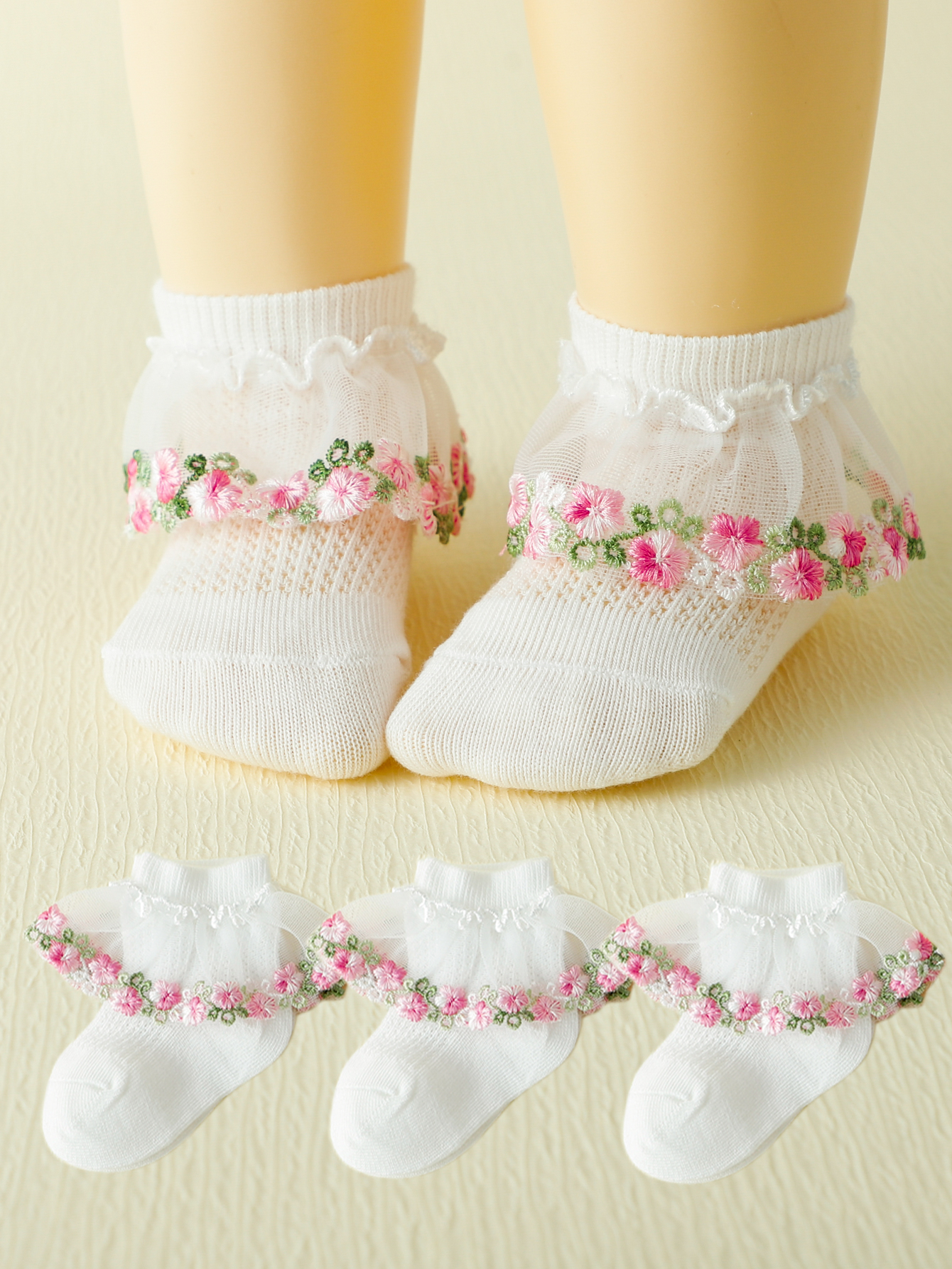 Meias Princesa De Renda Floral VMI – 3 Pares De Malha Bordada Rosa Respirável Para Bebês Meninas De 0 A 3 Anos , Roupa D