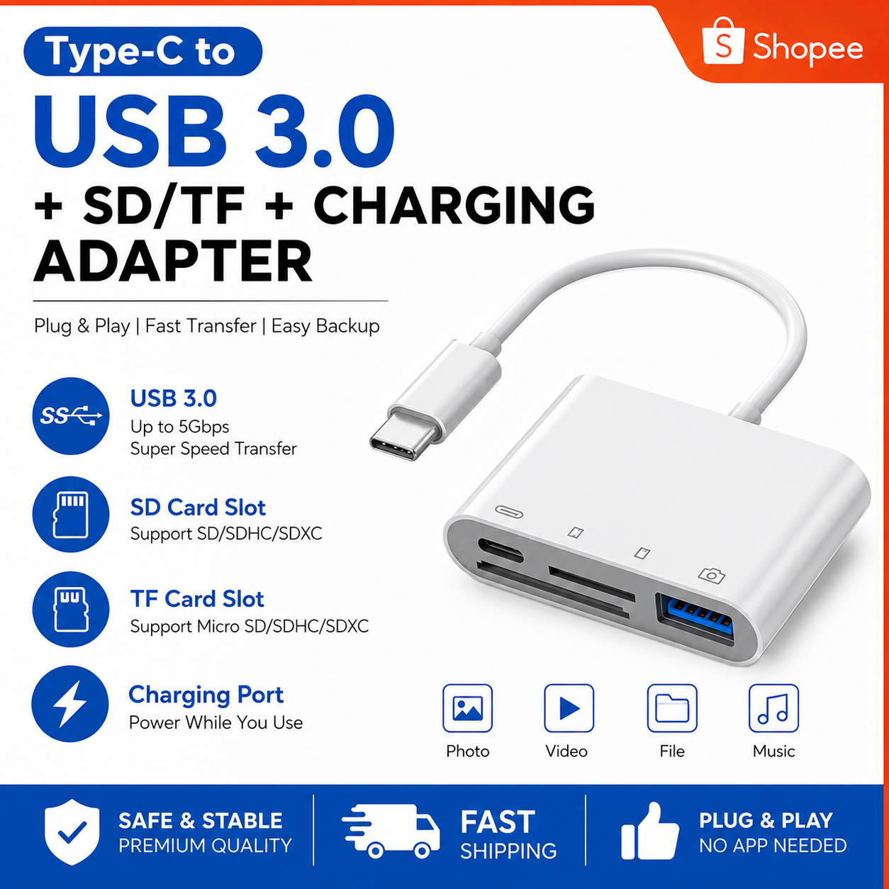 Leitor de cartão OTG 3 em 1 com porta USB, SD, TF e alimentação, sincronização rápida de arquivos para expansão de