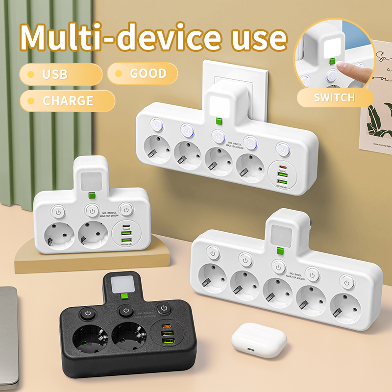 Tomada de Parede AXUS EU com 2/3/4/5/6 Tomadas, Plugue Elétrico com Portas de Carregamento USB-C e Faixa de Energia Sem