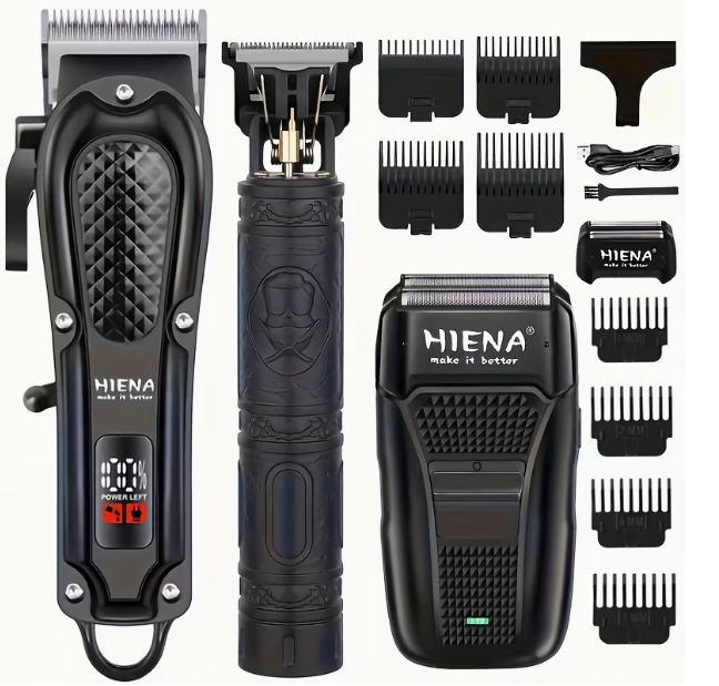Conjunto Profissional de Barbeiro Hiena: Máquina de Cortar Cabelo com Display LED, Máquina de Corte Sem Fio com Lâmina