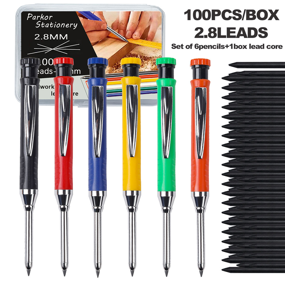 Conjunto de lápis mecânicos com 6 lápis coloridos e 100 unidades/caixa de grafite, comprimento 3,54 pol., 2,8 mm 2B,
