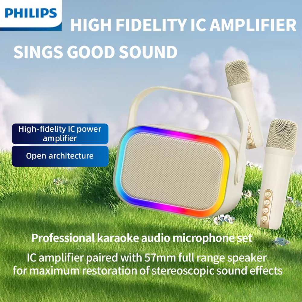 Philips TAS2808 Caixa de Som Bluetooth para Karaokê com Efeito de Reverberação 2 Microfones Sem Fio Caixa de Som para