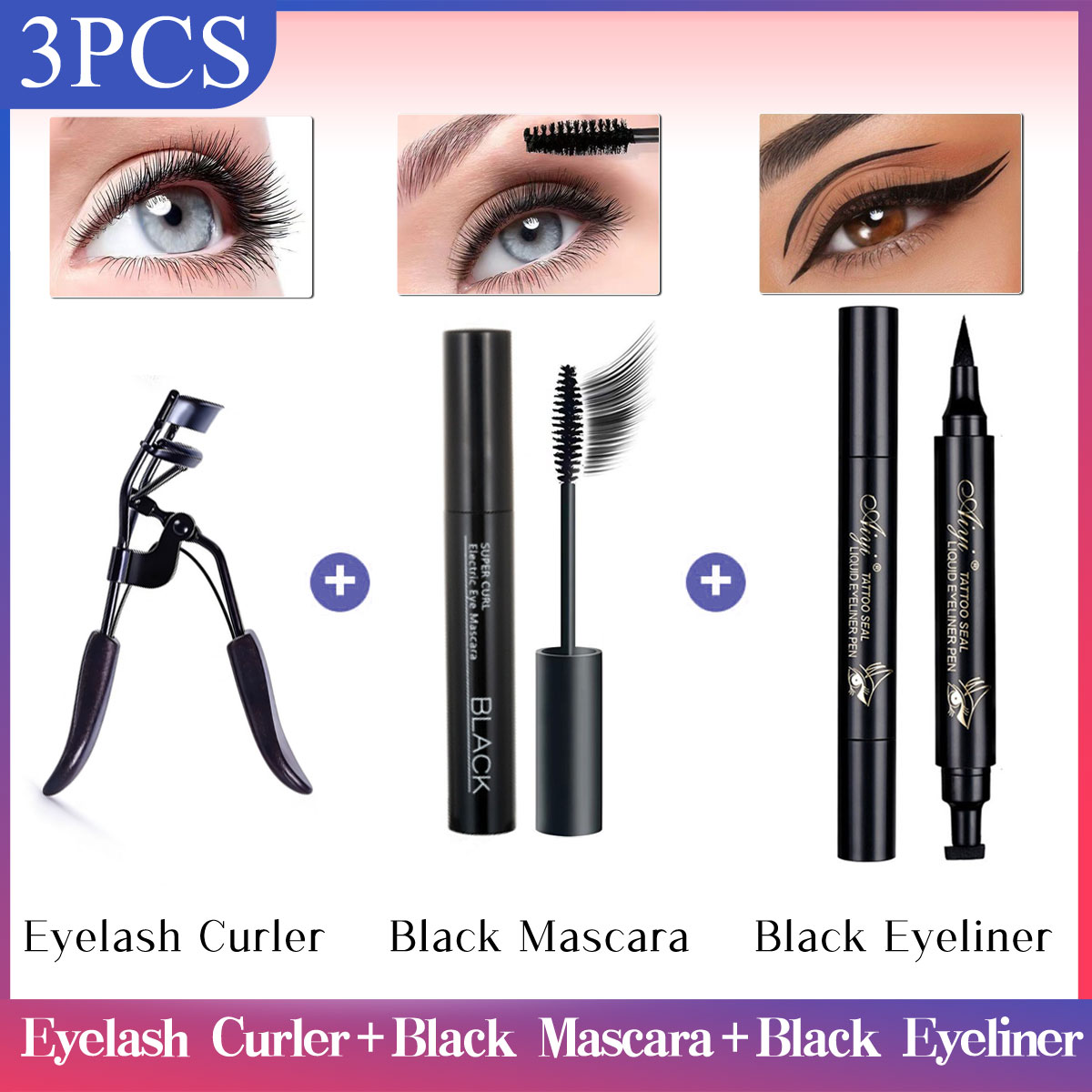 Conjunto prático de maquiagem para olhos com curvador de cílios e delineador, criando um visual de olhos encantador e