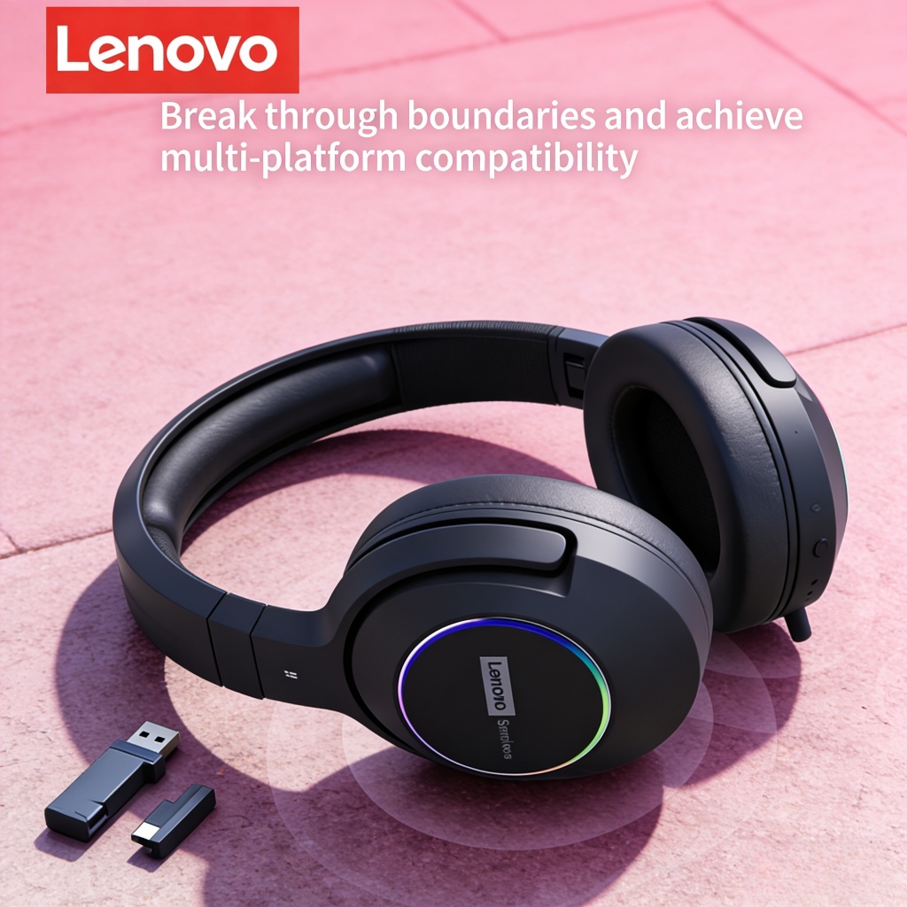 Fone de Ouvido Gamer Lenovo 3-Mode 2.4G+Bluetooth 5.4+Com Fio RGB com Microfone ENC, Baixa Latência, Over-Ear para