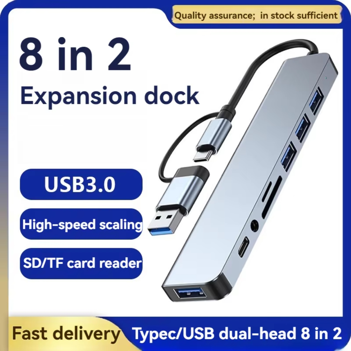 Hub USB C Splitter 8 em 2 Extensor USB com 4 portas USB 1 porta USBC leitor de cartões TF/SD saída de áudio compatível
