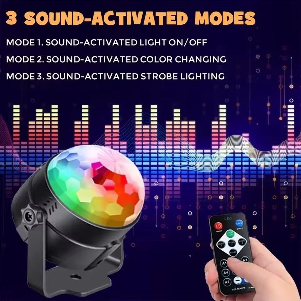 Luz de Discoteca Bola Giratória RGB USB Ativada por Som, Mini Estrobo DJ para Festa ao Ar Livre, Iluminação para