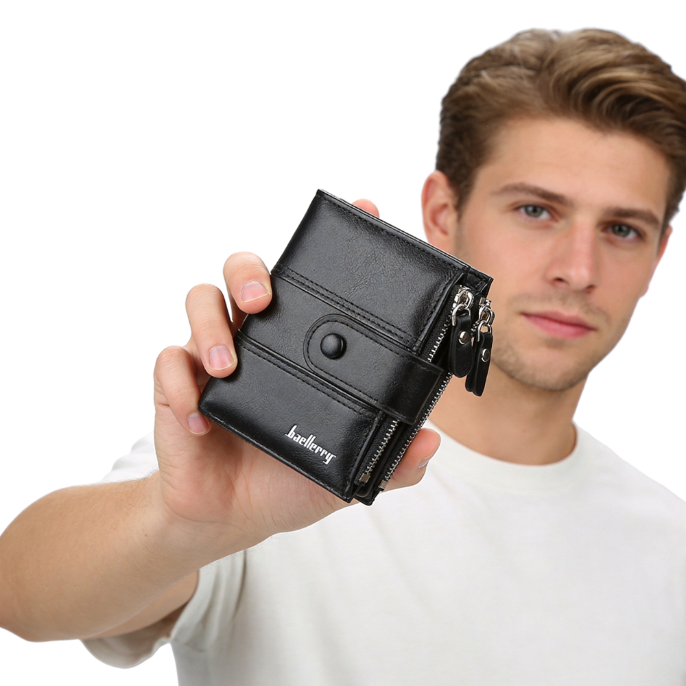 Baellerry Carteira Masculina com Zíper, Porta-Cartões Bifold, Couro PU, Fecho de Botão, Vários Compartimentos