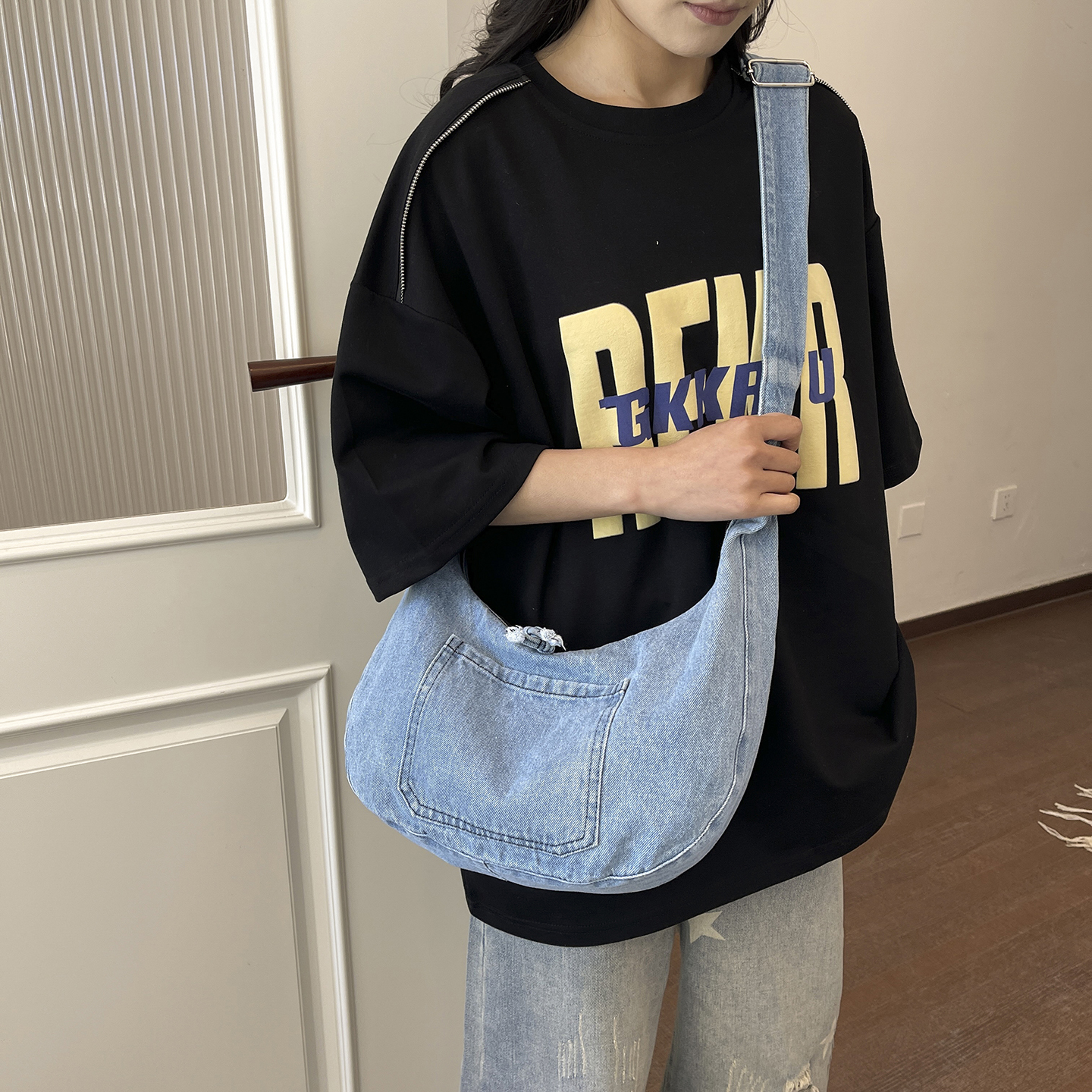 Bolsa Hobo de Jeans de Grande Capacidade, Tiracolo Ajustável, Tote Casual de Ombro, bolsa fofa