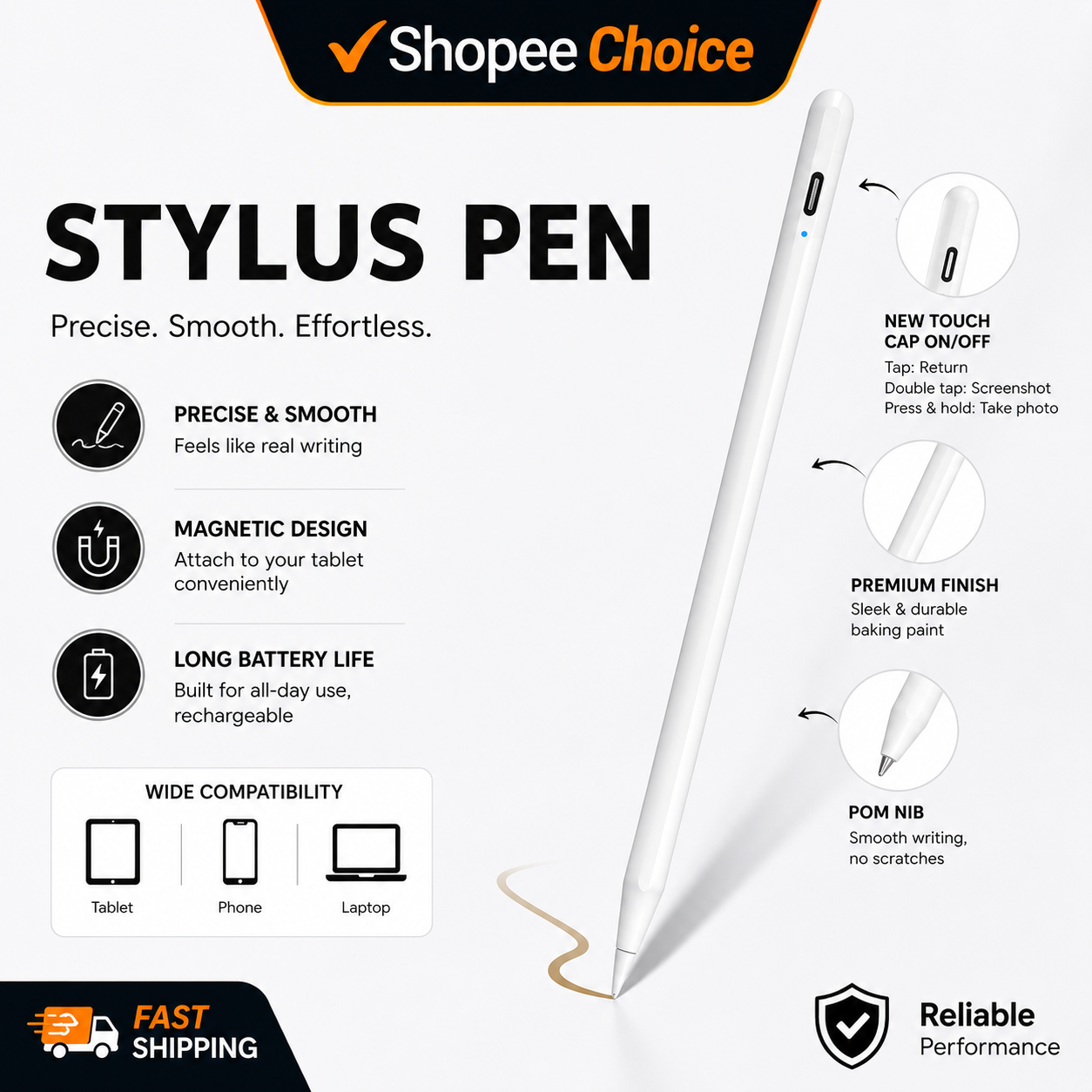 Caneta Stylus Ativa Universal Magnética de Carregamento Rápido para iPad Android iOS Tablet e Celular