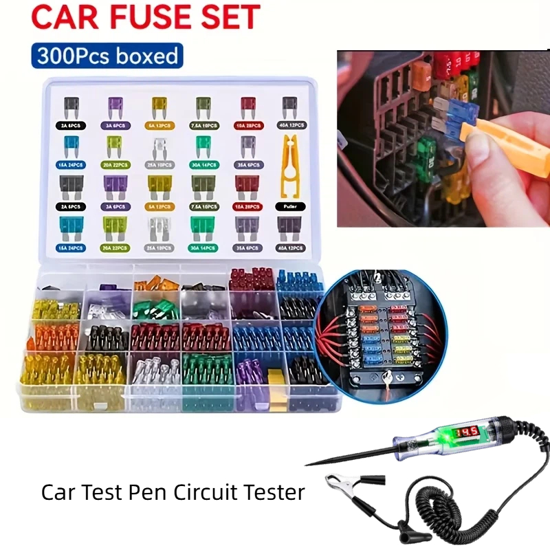 Conjunto de 300 Fusíveis de Lâminas para Carro em Zinco, Caneta de Teste de Circuito para Teste Automotivo, Voltímetro