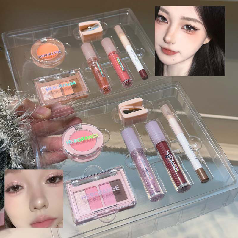 Conjunto de Maquiagem Mini HERORANGE - Kit de Cosméticos com Blush Matte, Paleta de Sombras, Brilho Labial e Delineador
