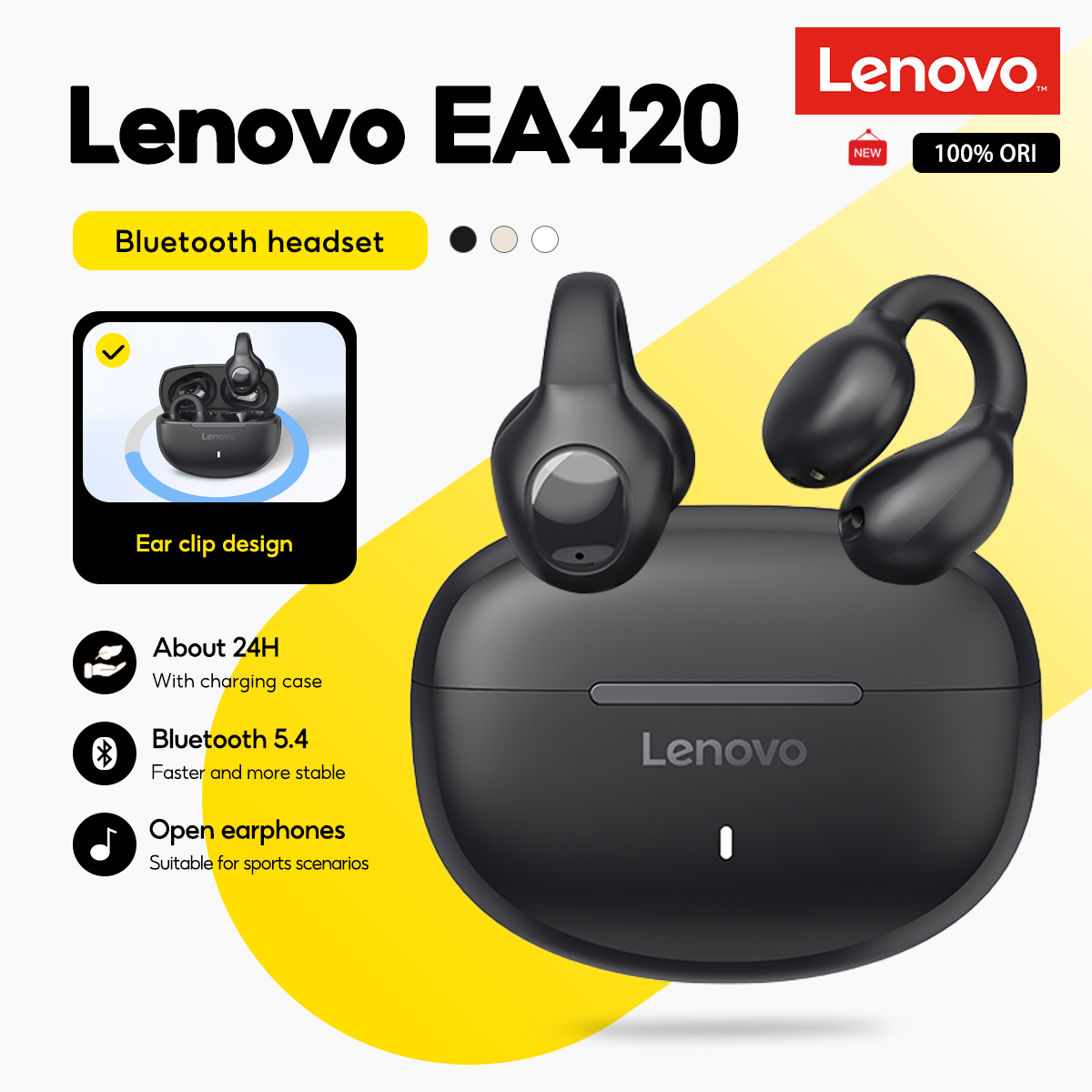 Fones de ouvido Lenovo EA420, TWS sem fio, tipo clip auricular em U, Bluetooth 5.4, controle por toque, bateria de longa