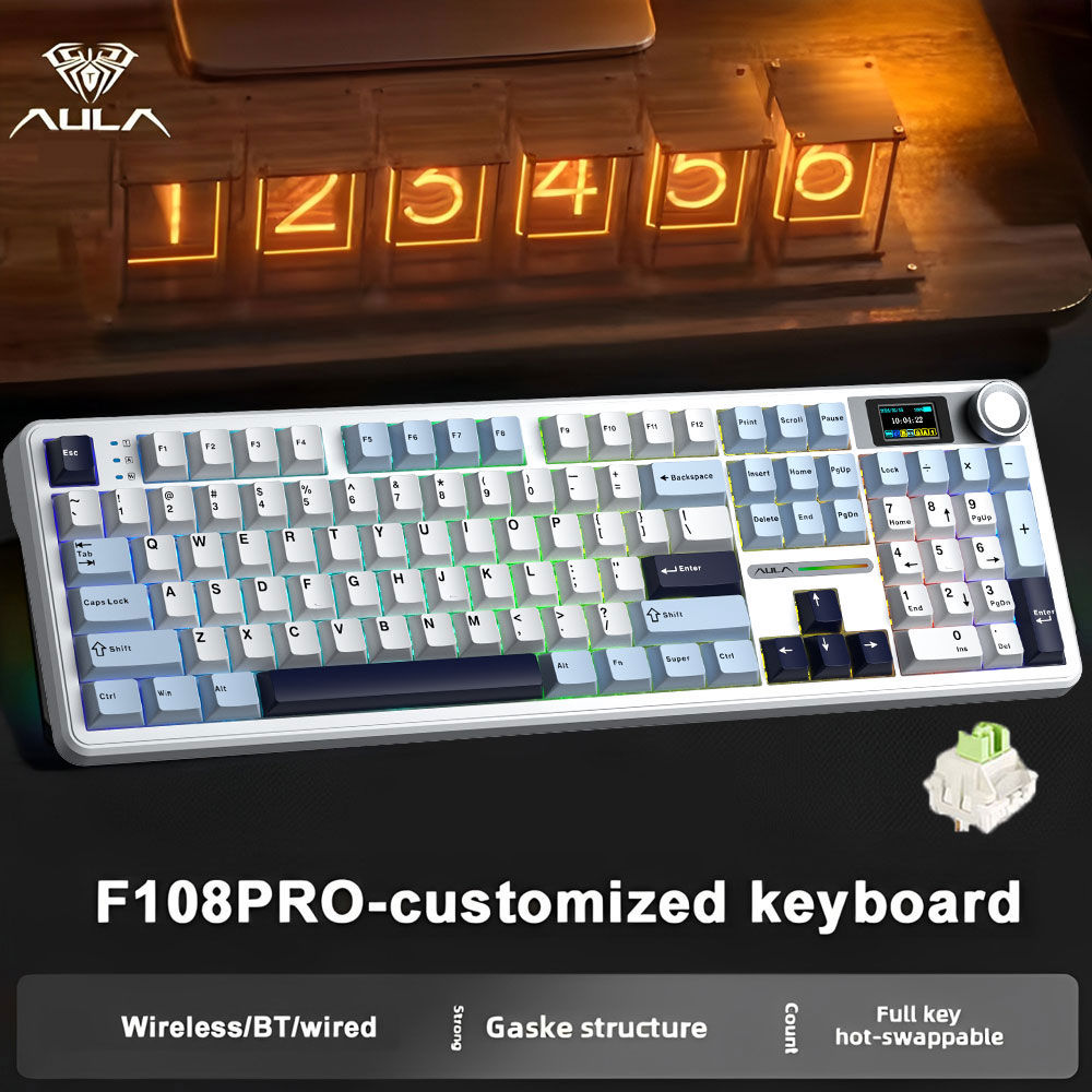 Teclado para jogos mecânico de tamanho completo AULA F108 Pro, botão rotativo LCD de 1,14 pol., tri-modal 2.4G BT5