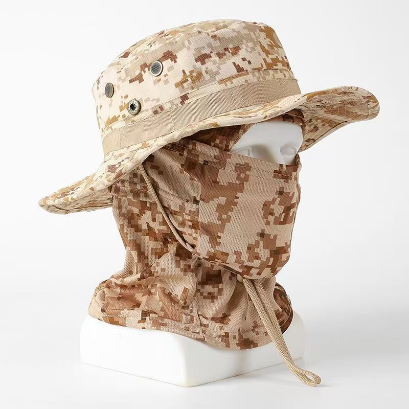 Chapéu camuflado de aba redonda, touca de malha larga para atividades ao ar livre, boné camuflado militar, chapéu de