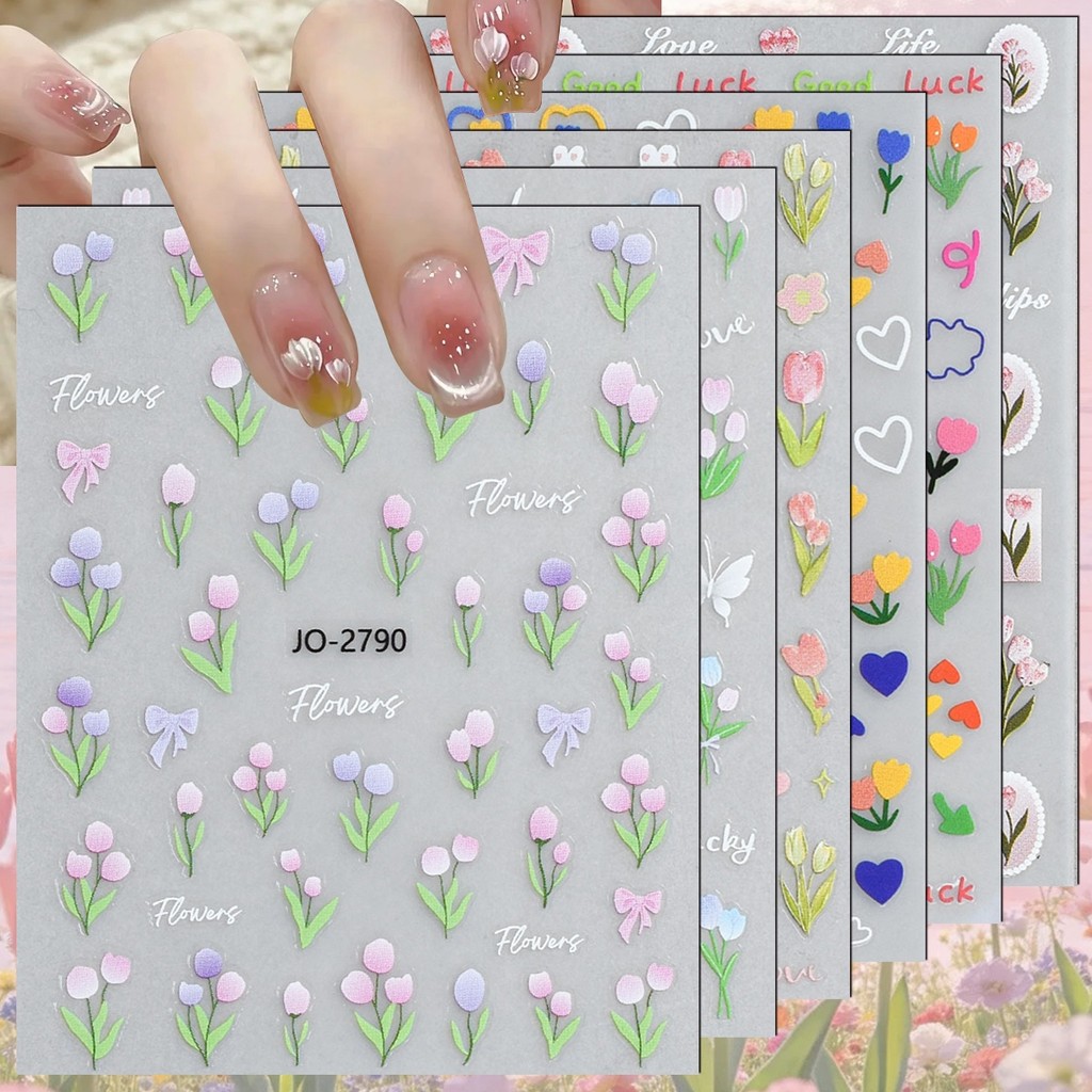 3/6/12 Folhas de Adesivos para Unhas Flor de Tulipa 3D, Estampa Floral Pastel de Primavera com Laço, Autoadesivos para