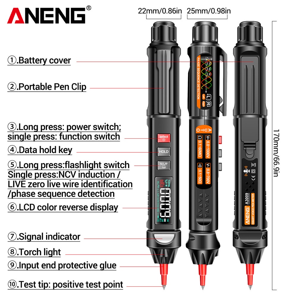 ANENG A3009 Caneta-Tester Multímetro Inteligente com Voz para Tensão DC/AC e Teste de Cabos com Estojo