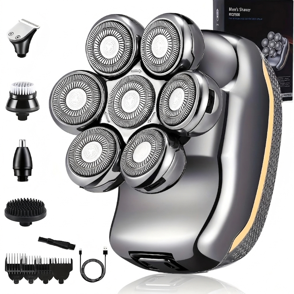 LARGNER RQ-7900 Premium Barbeador Elétrico de 7 Lâminas, Barbeador de Cabeça 2-em-1 & Aparador de Cabelo Masculino