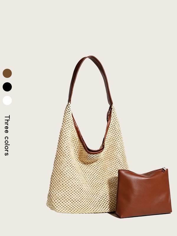 Sacola De Palha De Grande Capacidade Para Mulheres , Crossbody De Ombro Com Alça Larga De Couro , Deslocamento Na Praia